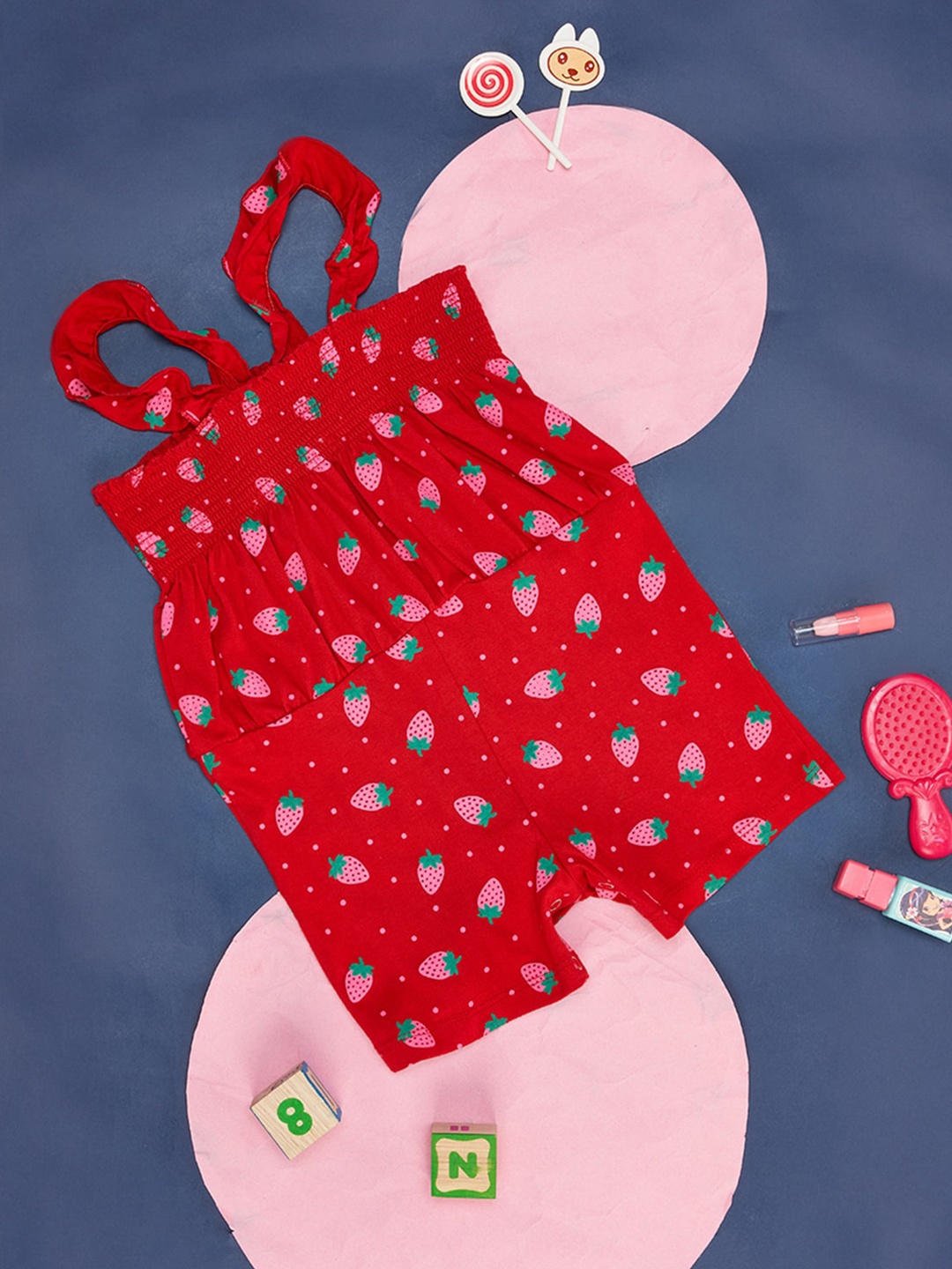 

YU by Pantaloons Girls Conversational Printed Ruffles Smocked Cotton Playsuit Jumpsuit, Red