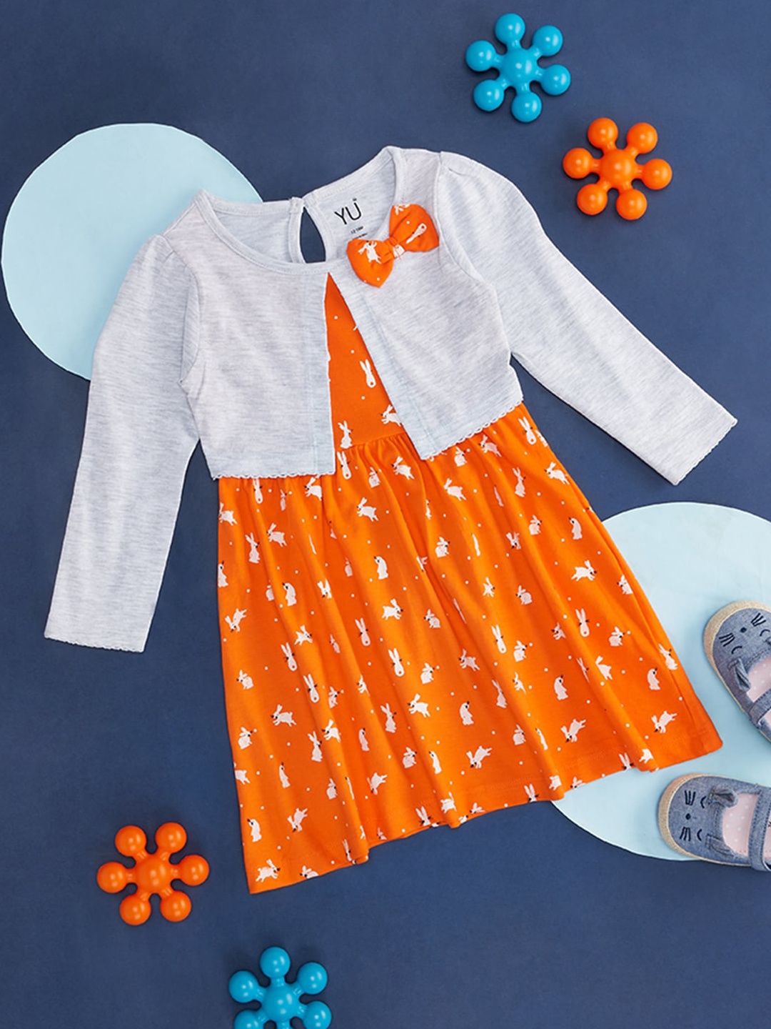 

YU by Pantaloons Girls Conversational Printed Gathered Cotton A-Line Dress, Orange