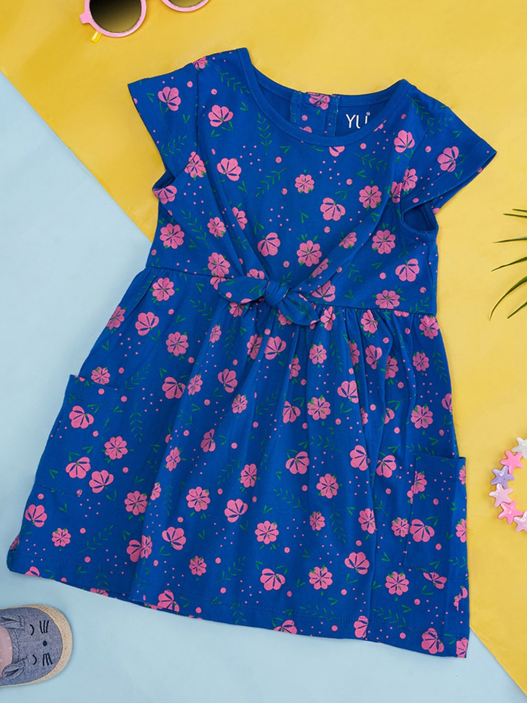 

YU by Pantaloons Girls Floral Printed Cap Sleeves Pure Cotton A-Line Dress, Blue