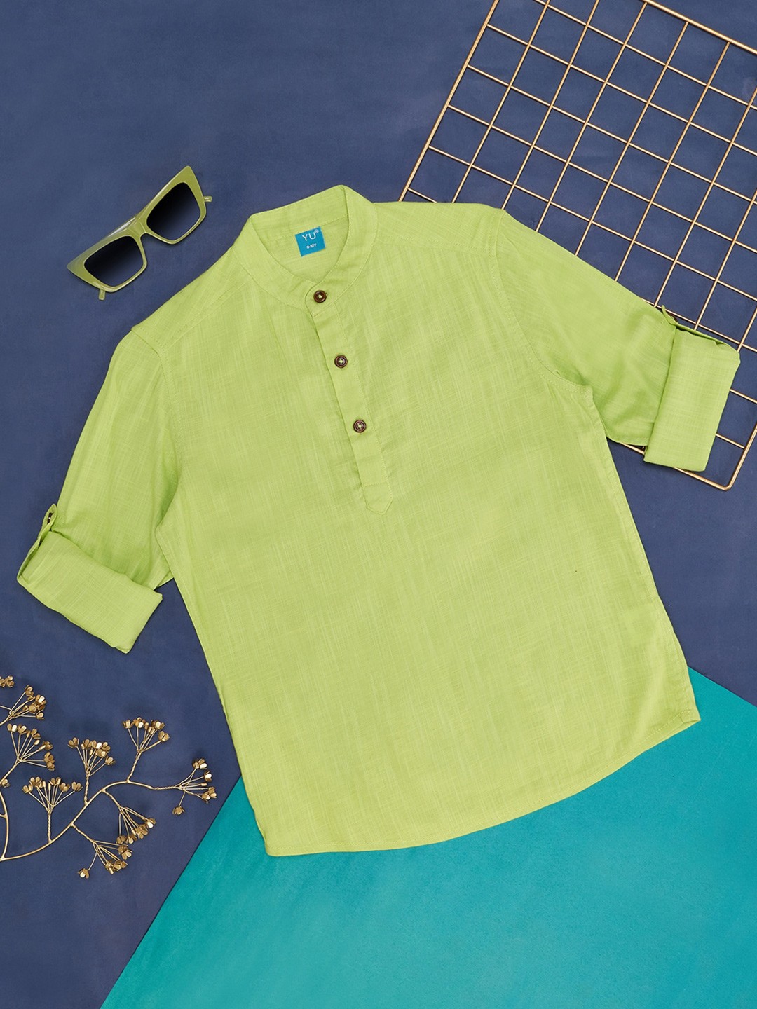 

YU by Pantaloons Boys Mandarin Collar Pure Cotton Casual Shirt, Green