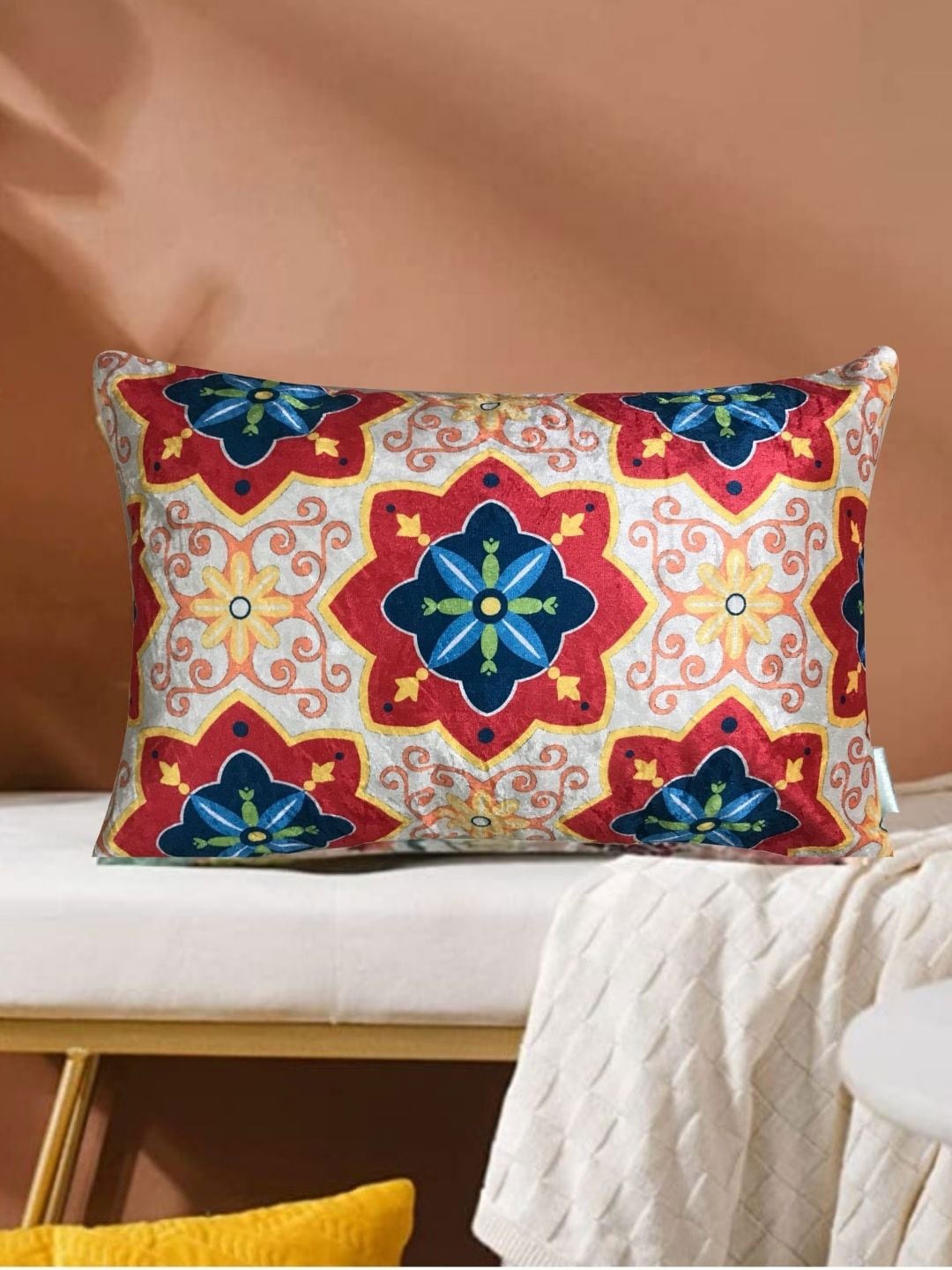

Tasseled Home Blue & Red Ethnic Motifs Rectangle Cushion Cover