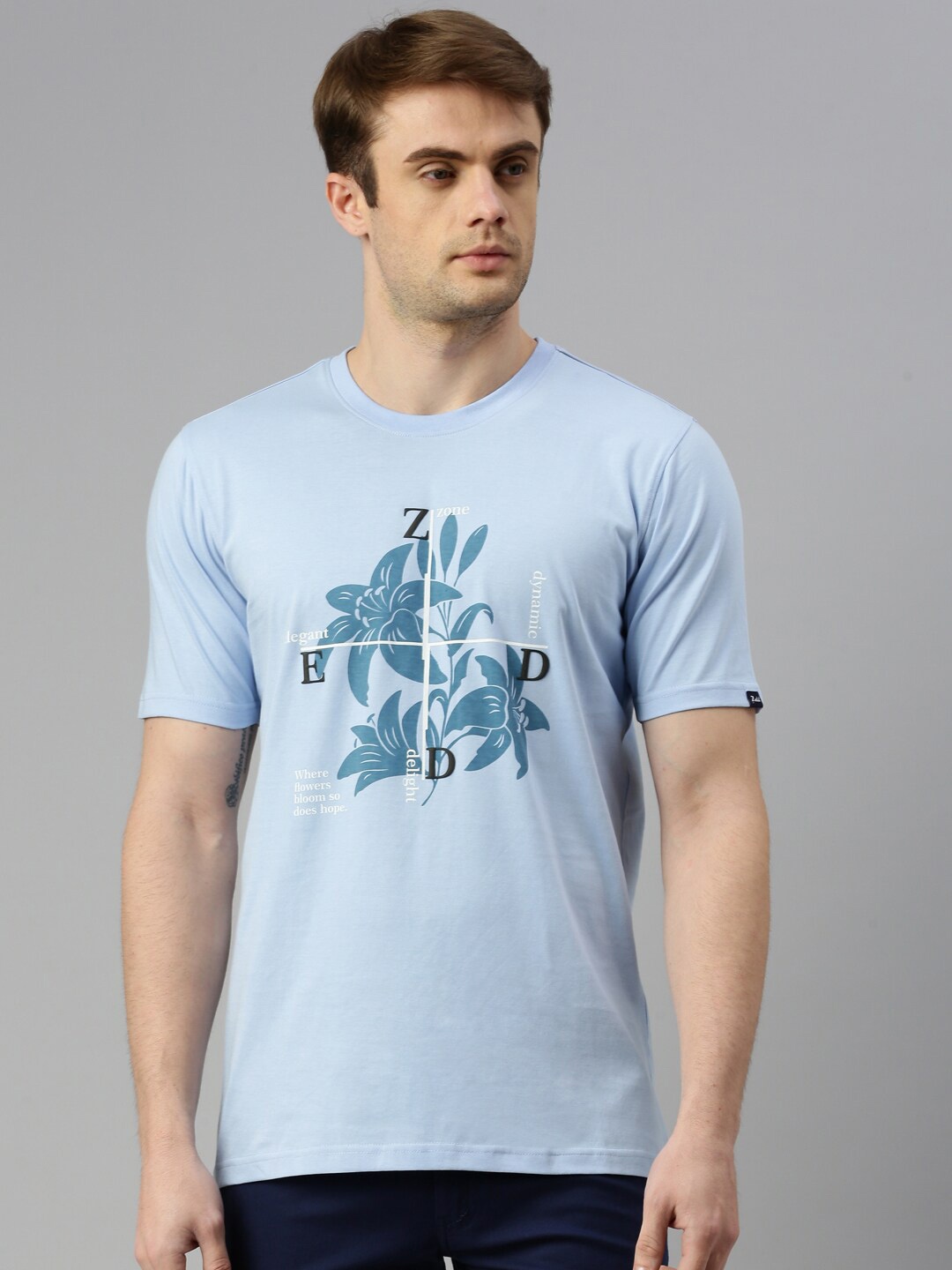 

ZEDD Floral Printed Round Neck Cotton T-shirt, Blue