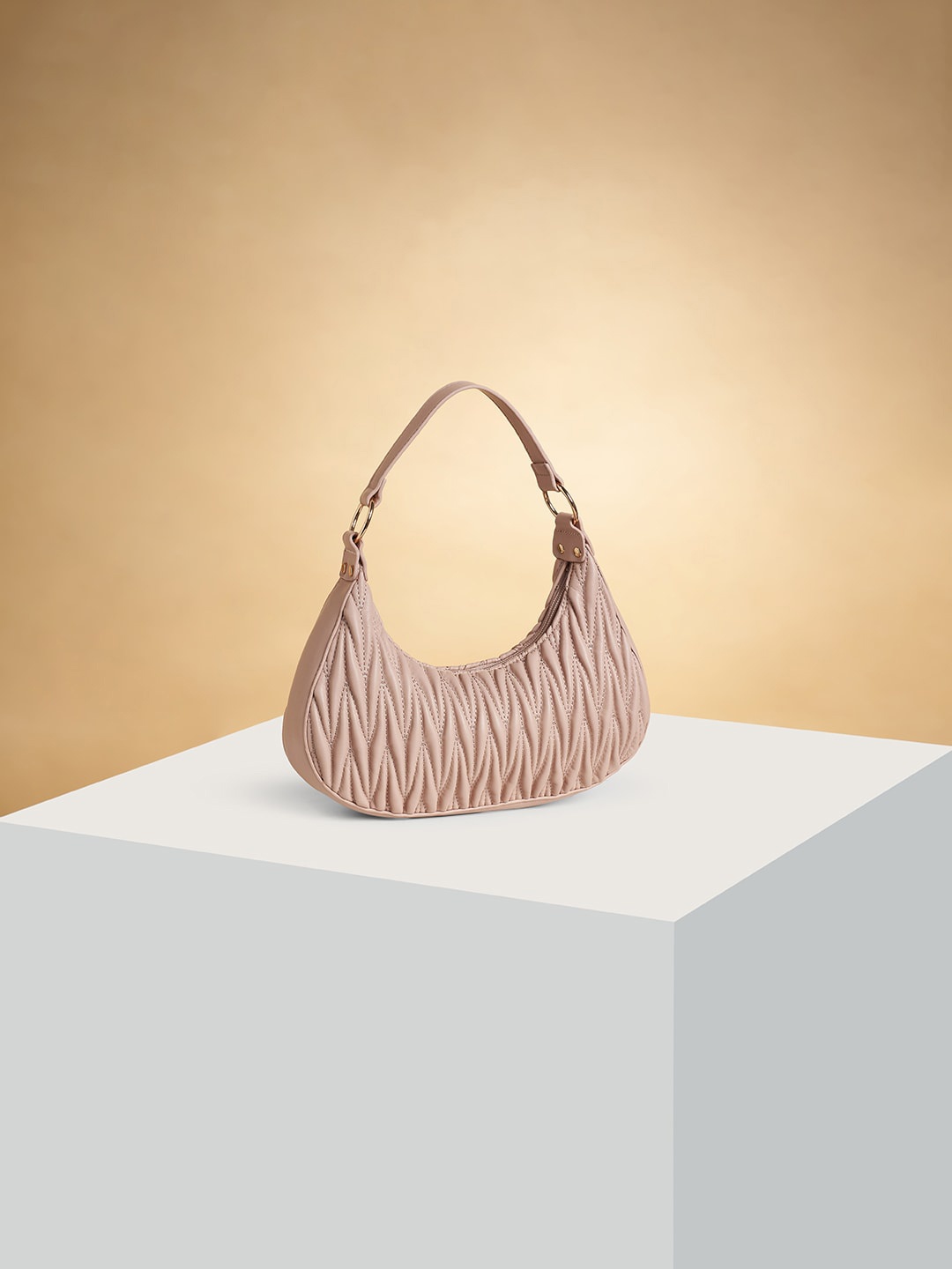 

Forever Glam by Pantaloons Quilted PU Half Moon Hobo Bag, Beige