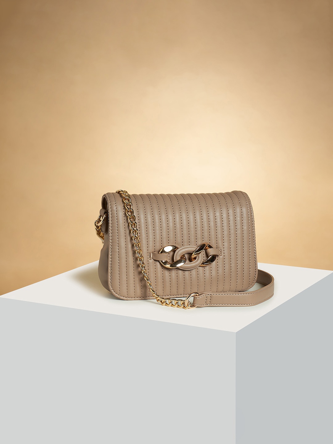 

Forever Glam by Pantaloons Taupe Colourblocked PU Structured Sling Bag with Fringed