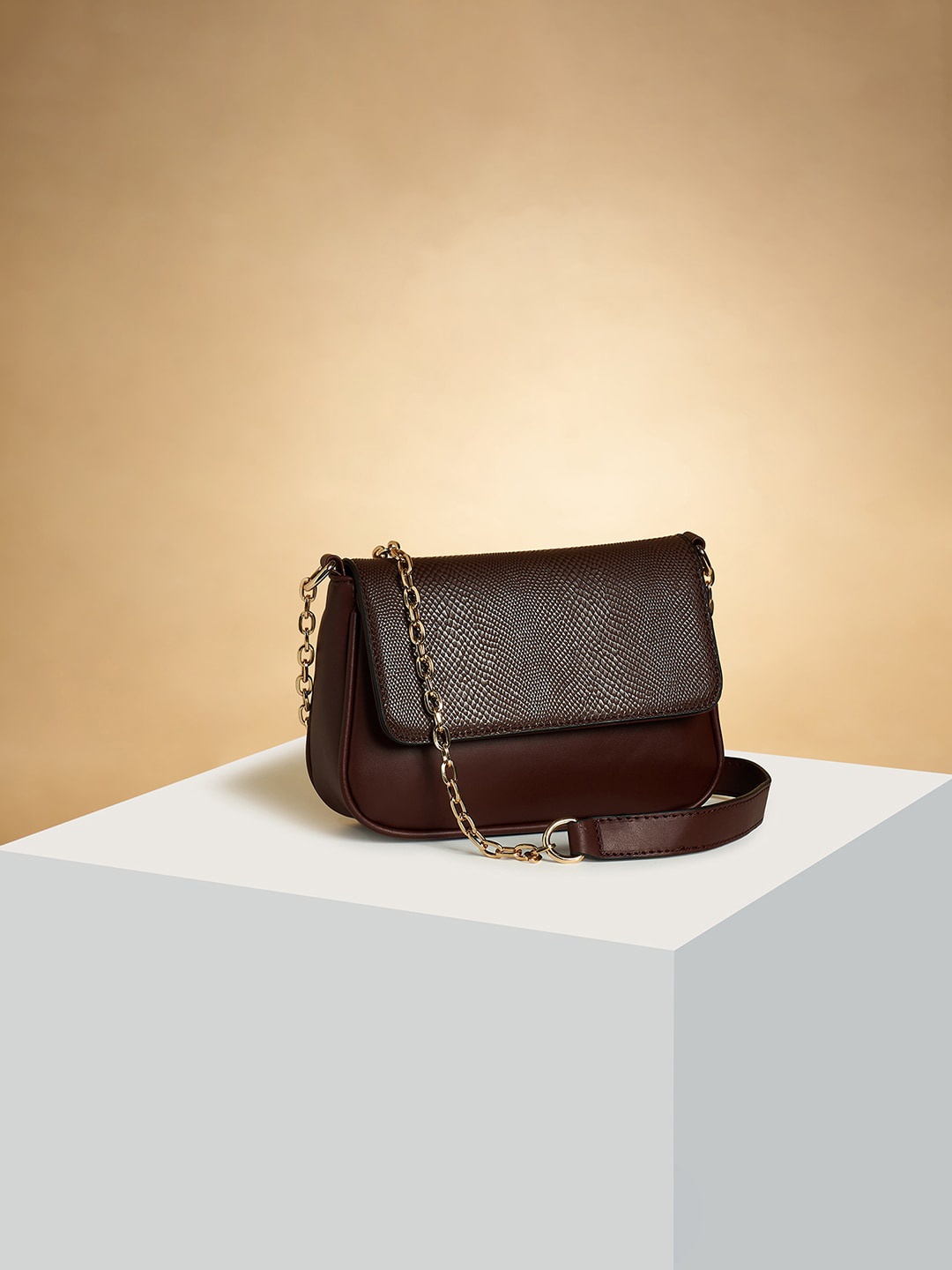 

Forever Glam by Pantaloons Colourblocked PU Structured Sling Bag, Brown