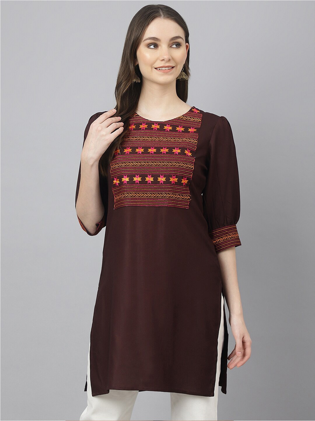 

JAIPUR ATTIRE Ethnic Motifs Embroidered Pure Cotton Kurti, Brown
