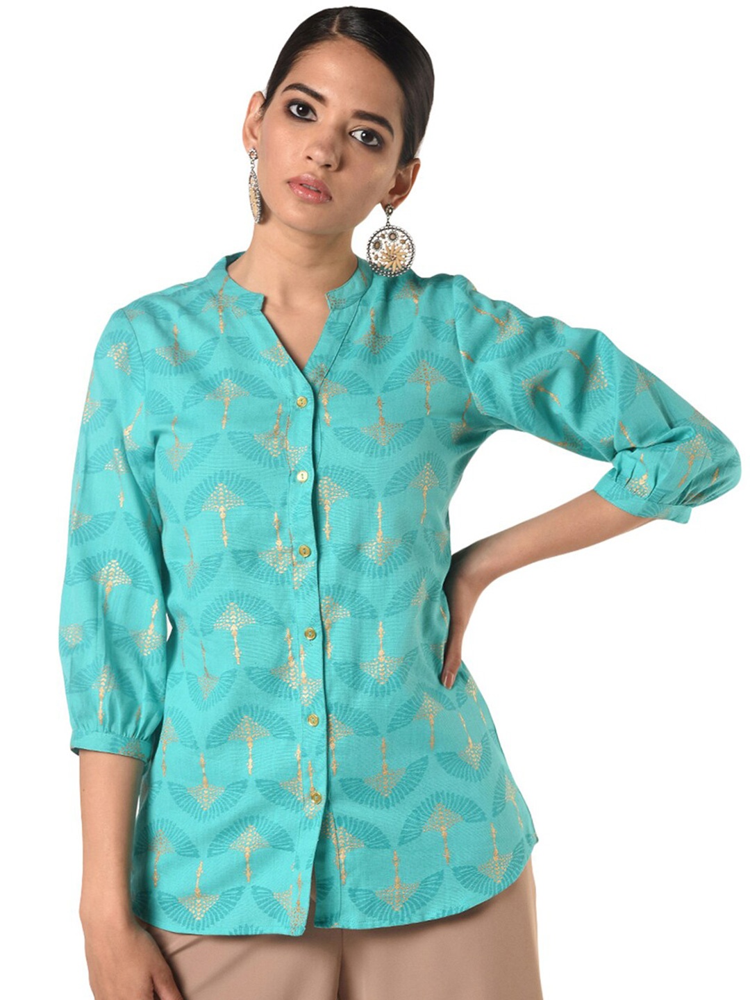 

JAIPUR ATTIRE Floral Printed Mandarin Collar Cotton Tunic, Blue
