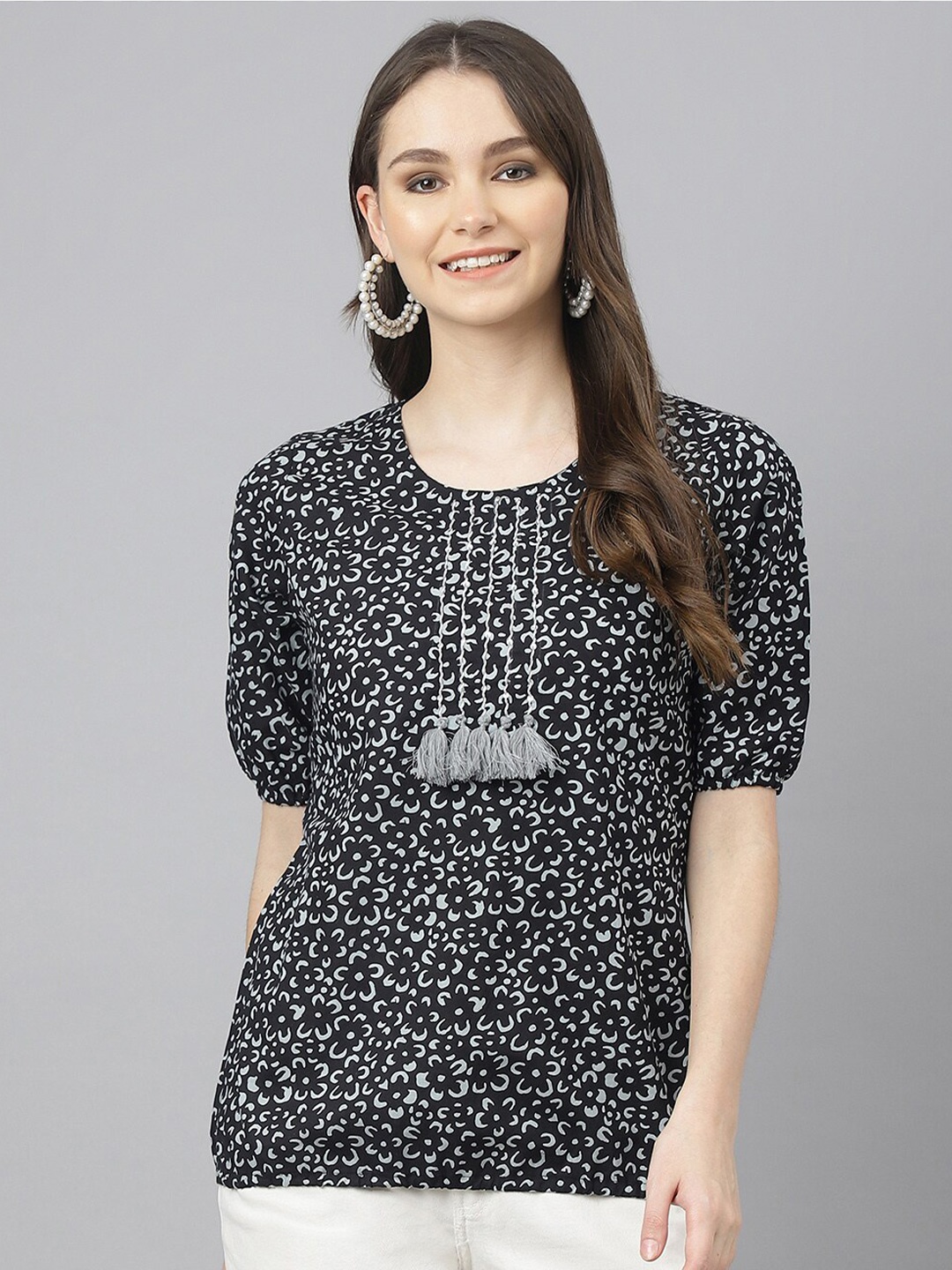

JAIPUR ATTIRE Floral Printed Cotton Tunic, Black