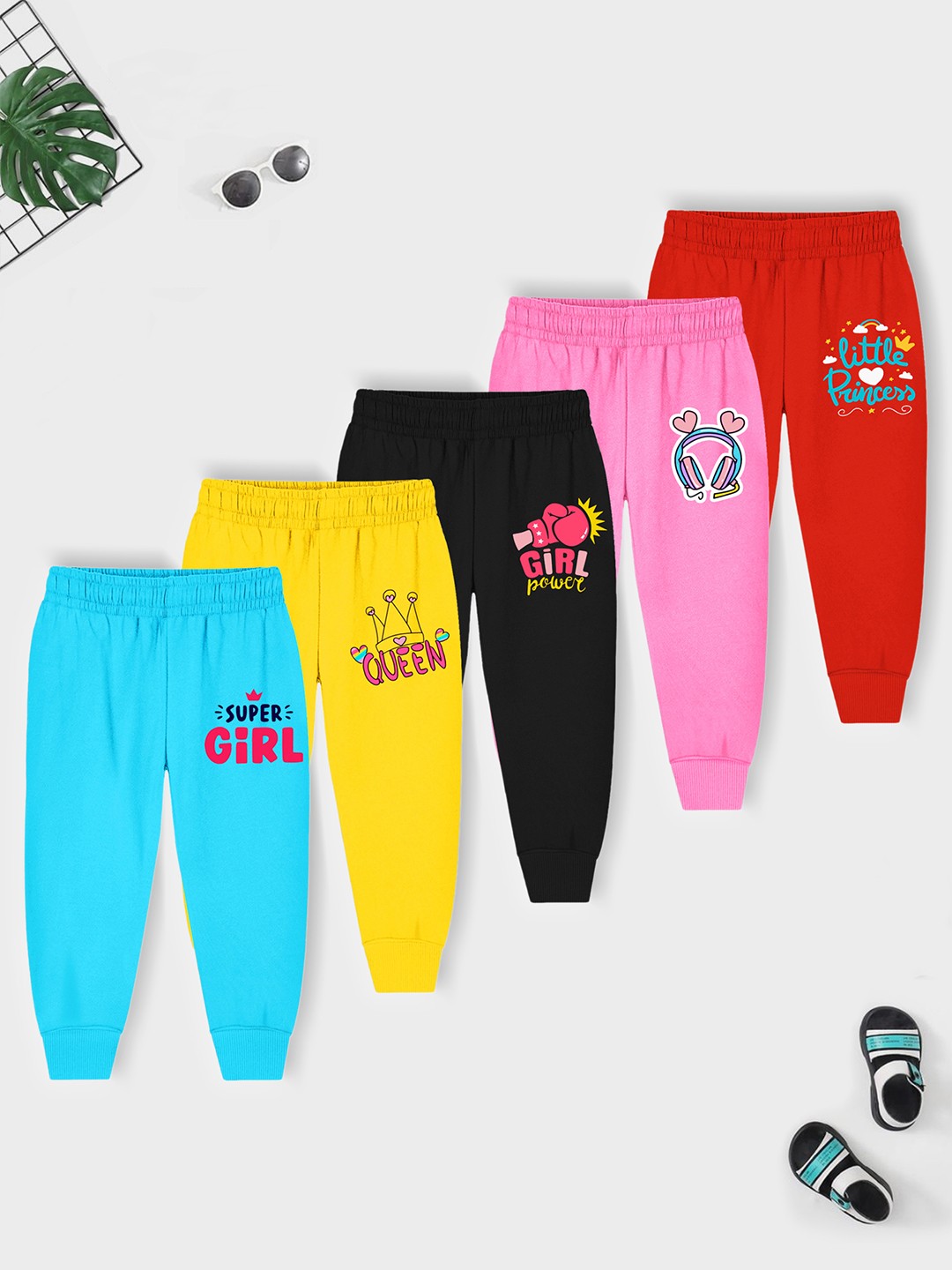 

Trampoline Girls Pack Of 5 Graphic Printed Cotton Joggers, Red