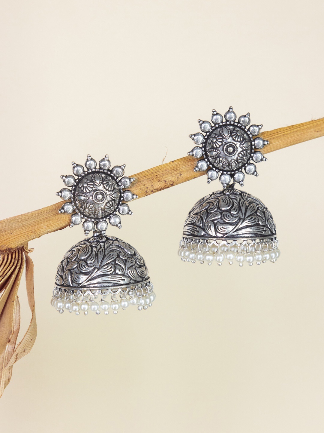 

Infuzze Silver-Plated Beaded Dome Shaped Jhumkas