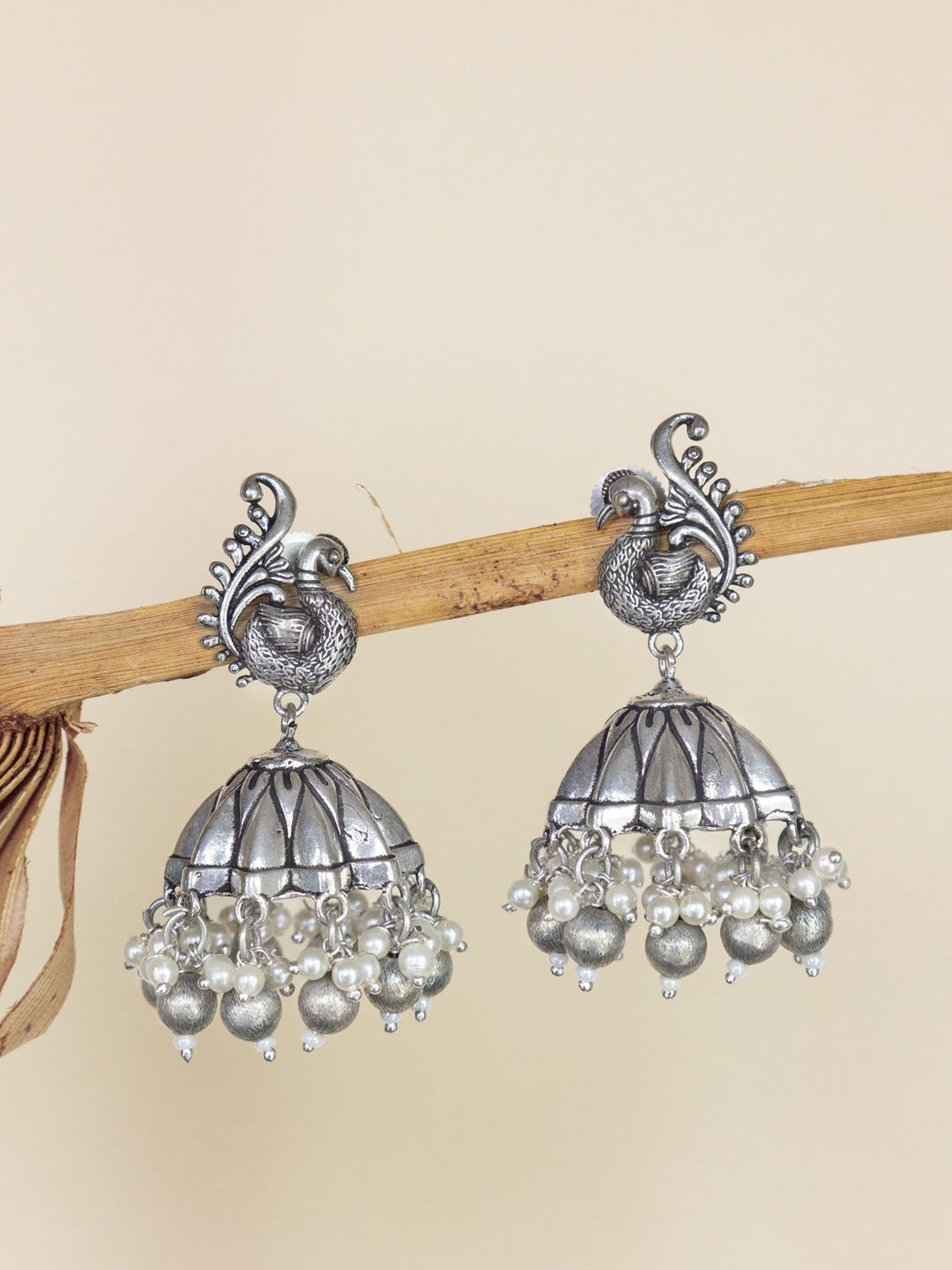 

Infuzze Silver-Plated Beaded Dome Shaped Oxidised Jhumkas