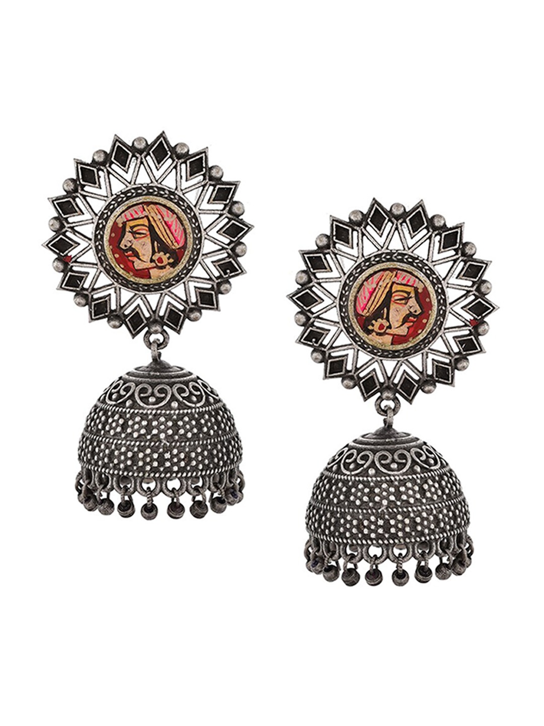 

Infuzze Silver-Plated Dome Shaped Meenakari Jhumkas