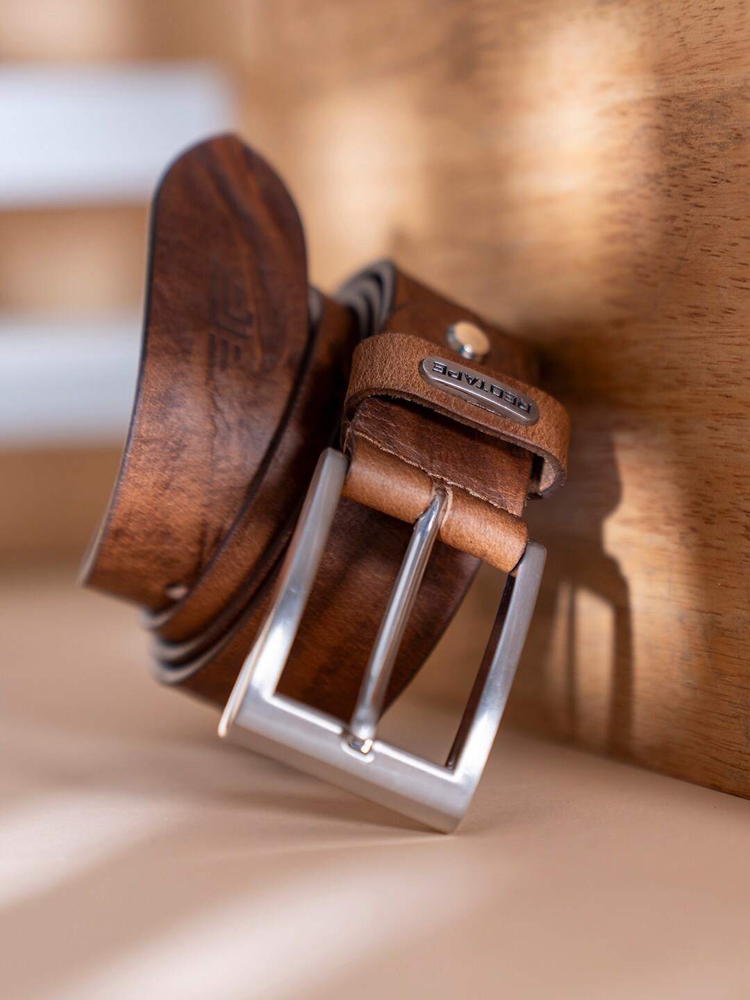 

Red Tape Men Textured Leather Belt, Tan