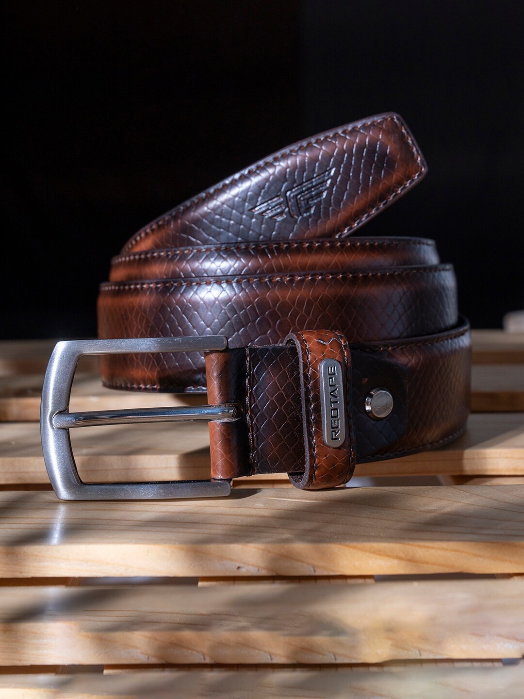 

Red Tape Men Textured Leather Belt, Brown