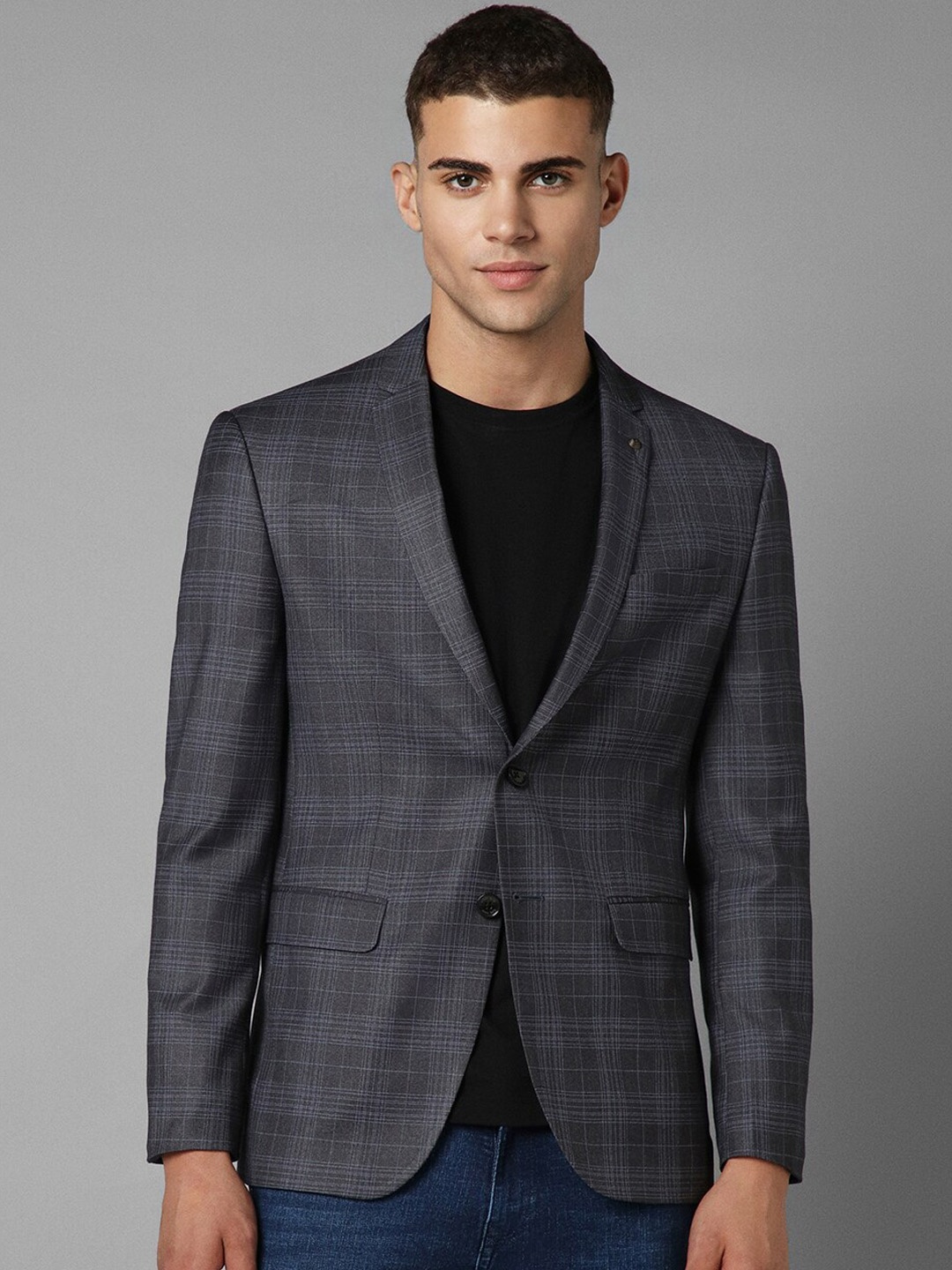 

Allen Solly Slim Fit Checked Notched Lapel Collar Single-Breasted Casual Blazer, Grey