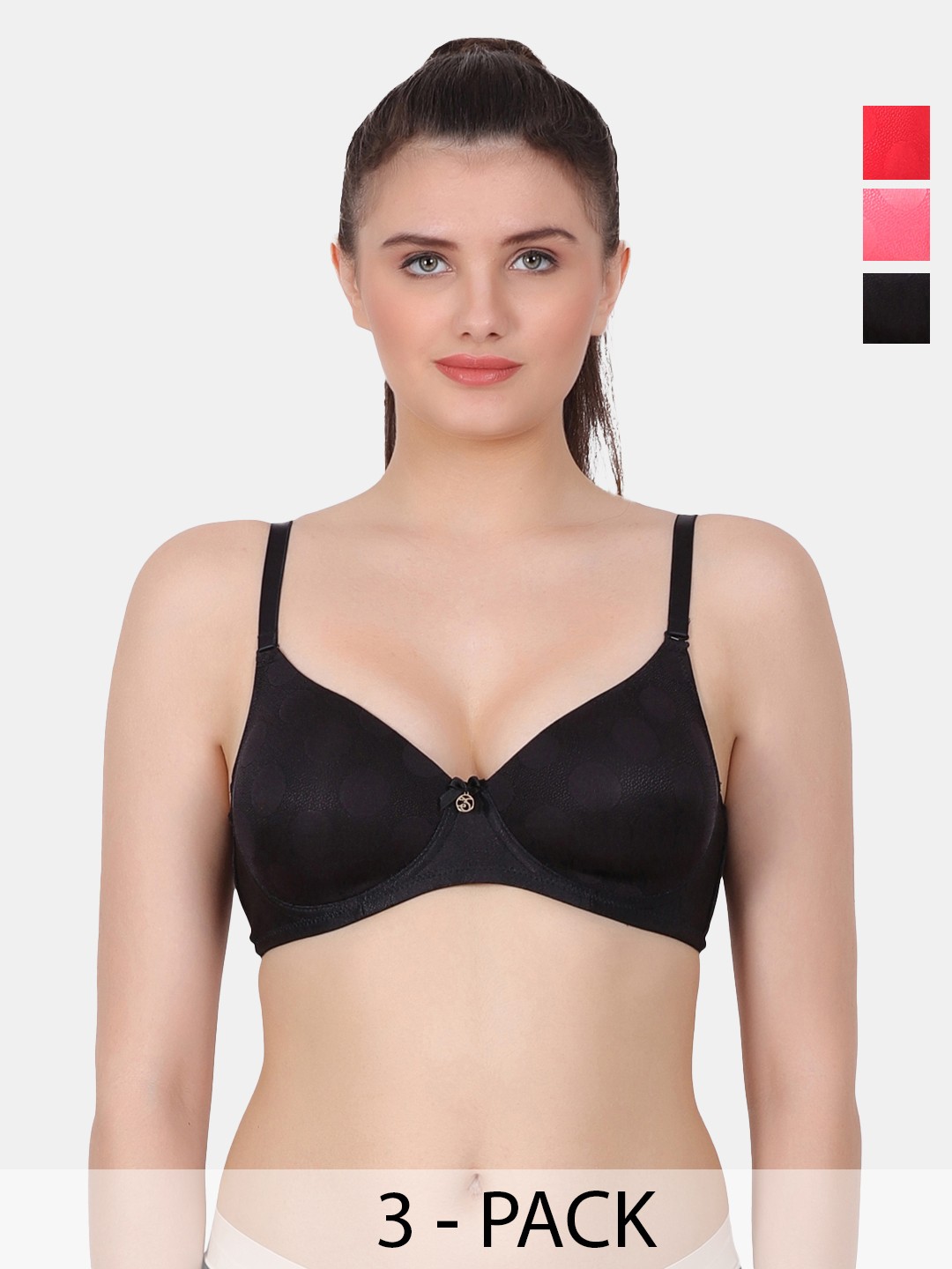 

Amour Secret Black & Coral Polka Dot Bra Full Coverage Lightly Padded