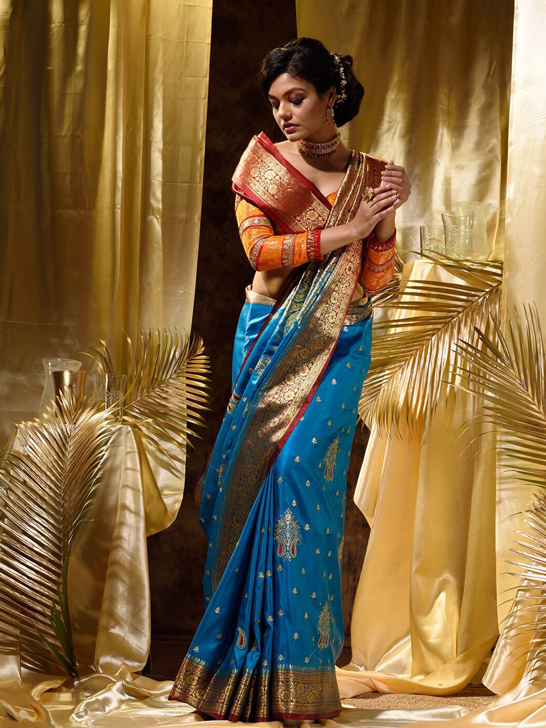 

HOUSE OF BEGUM Ethnic Motifs Woven Design Zari Satin Banarasi Saree, Blue