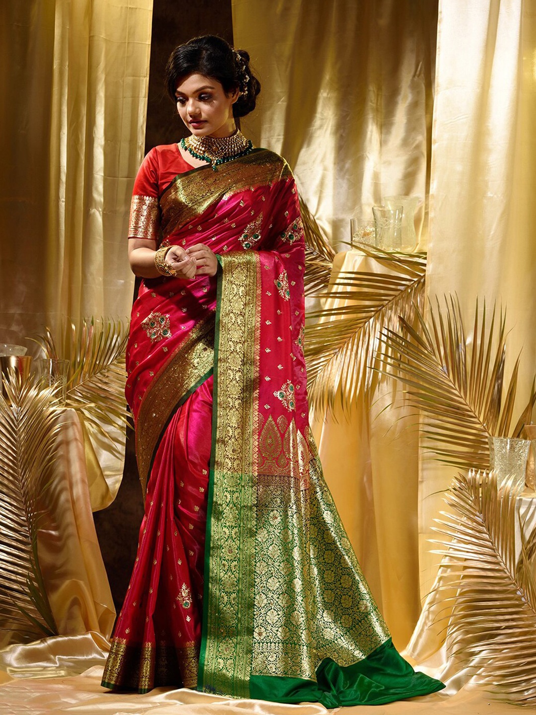 

HOUSE OF BEGUM Woven Design Zari Satin Banarasi Saree, Pink