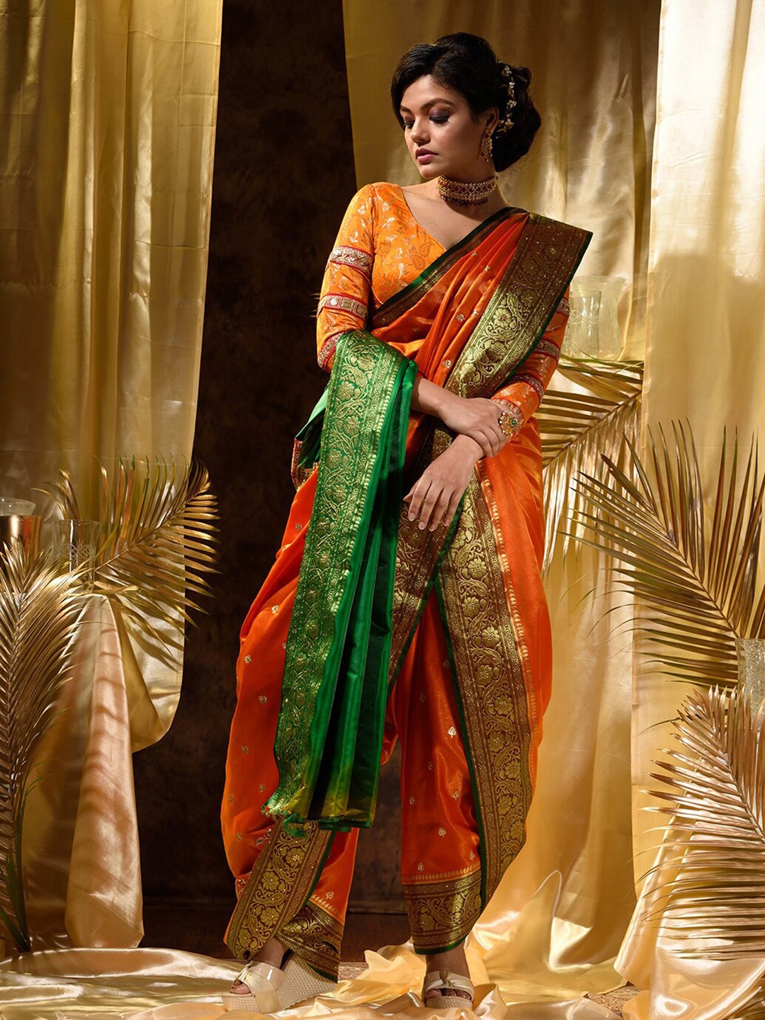 

HOUSE OF BEGUM Ethnic Motifs Woven Design Zari Satin Banarasi Saree, Orange