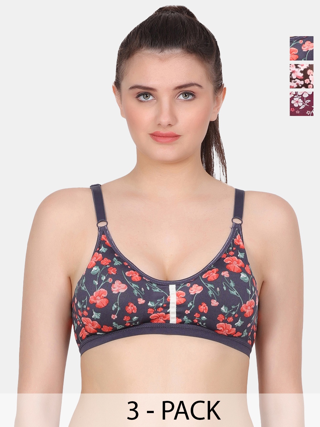 

Amour Secret Grey & Pink Floral Bra Full Coverage Lightly Padded