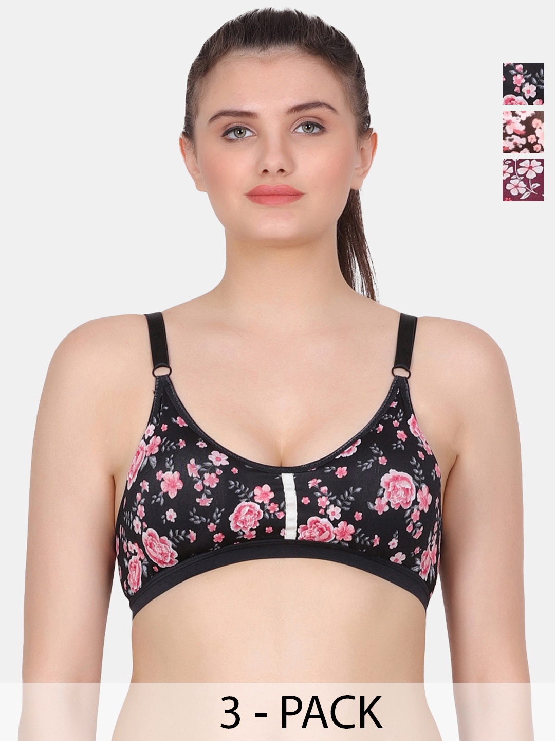 

Amour Secret Black & Pink Floral Bra Full Coverage Lightly Padded