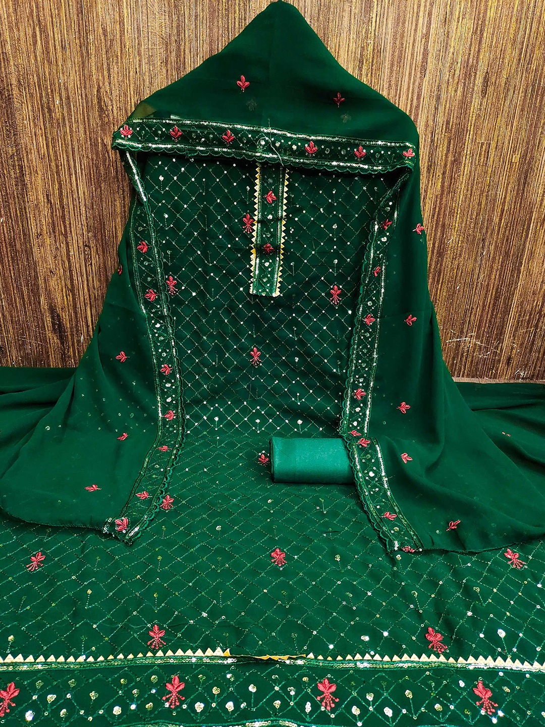 

KALINI Embroidered Sequinned Unstitched Dress Material, Green