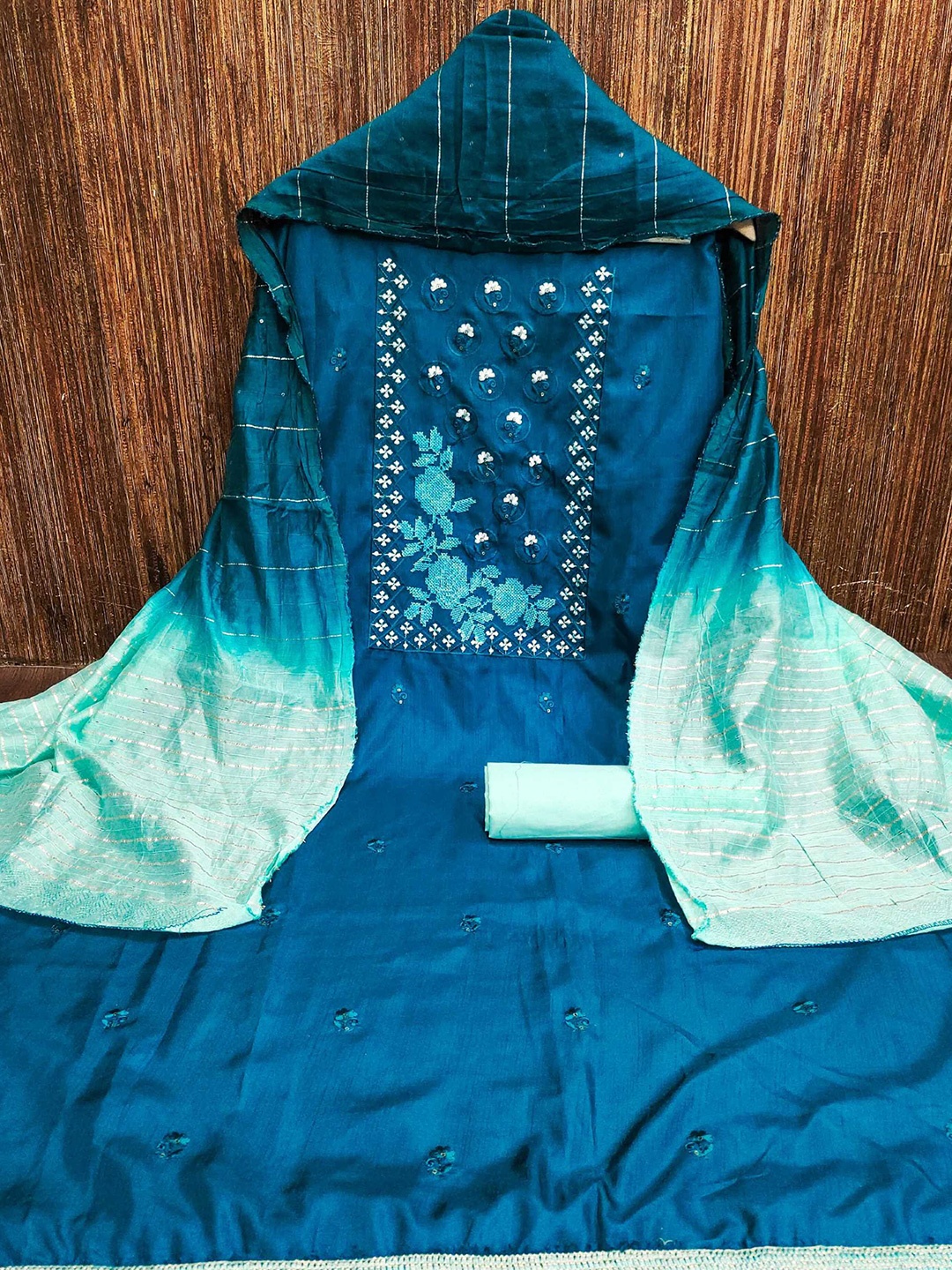 

KALINI Floral Embroidered Unstitched Dress Material, Blue