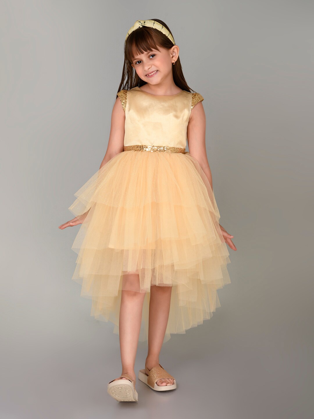 

Toy Balloon kids Girls Flutter Sleeve Fit & Flare Midi Dress, Gold