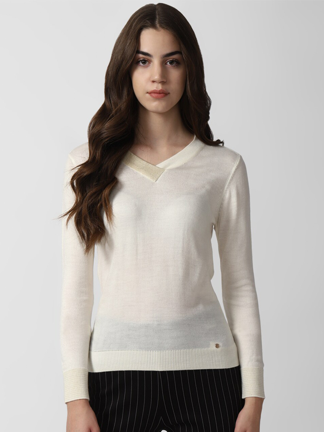 

Van Heusen Woman Ribbed V-Neck Long Sleeves Pullover, Cream