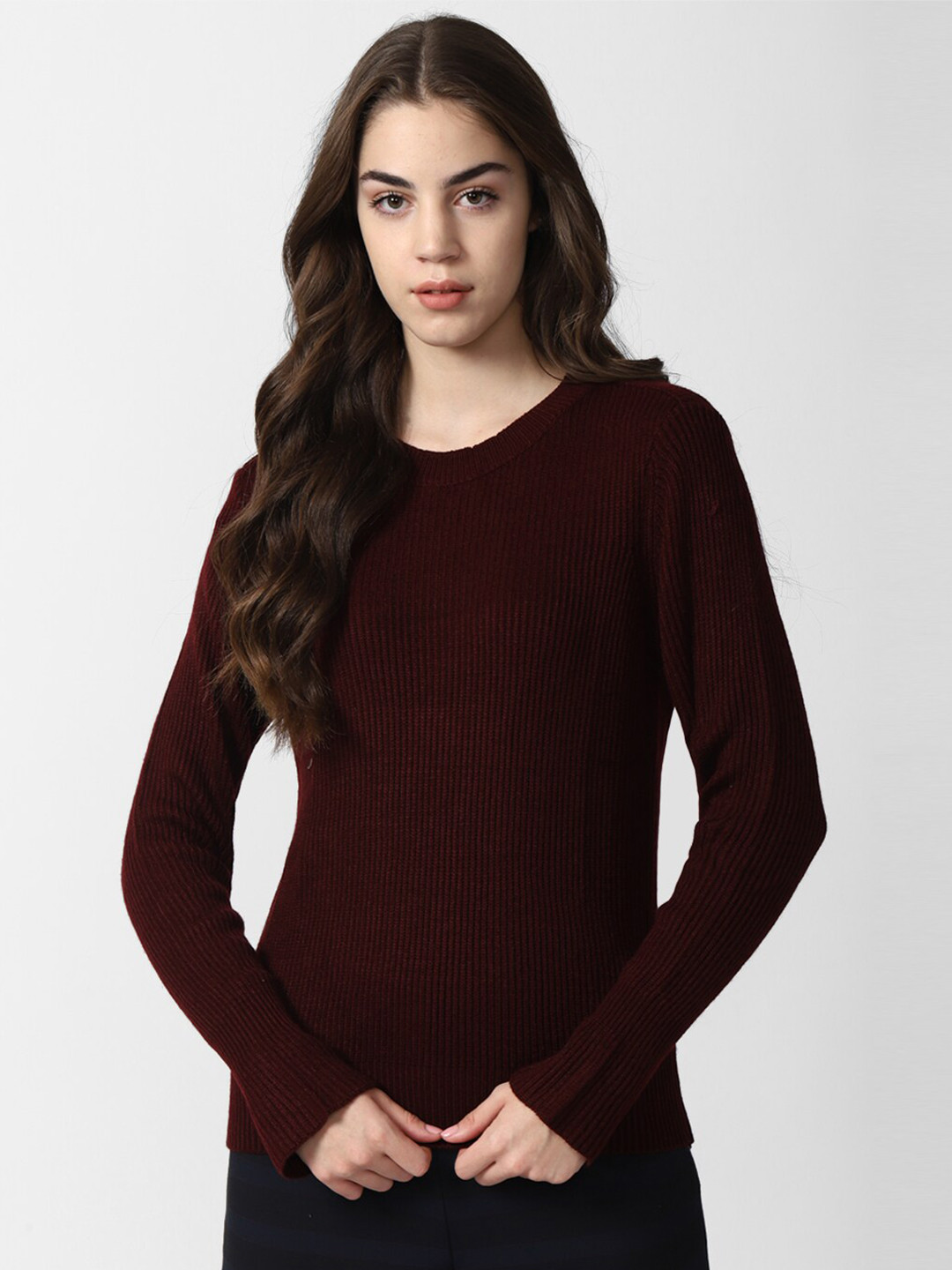 

Van Heusen Woman Ribbed Round Neck Long Sleeves Acrylic Pullover, Maroon