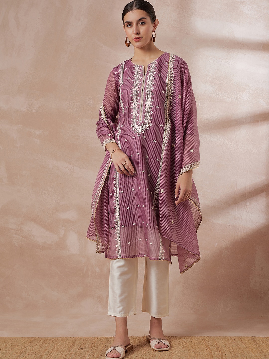 

all about you Floral Embroidered Thread Work Kurta & Trousers With Dupatta, Purple