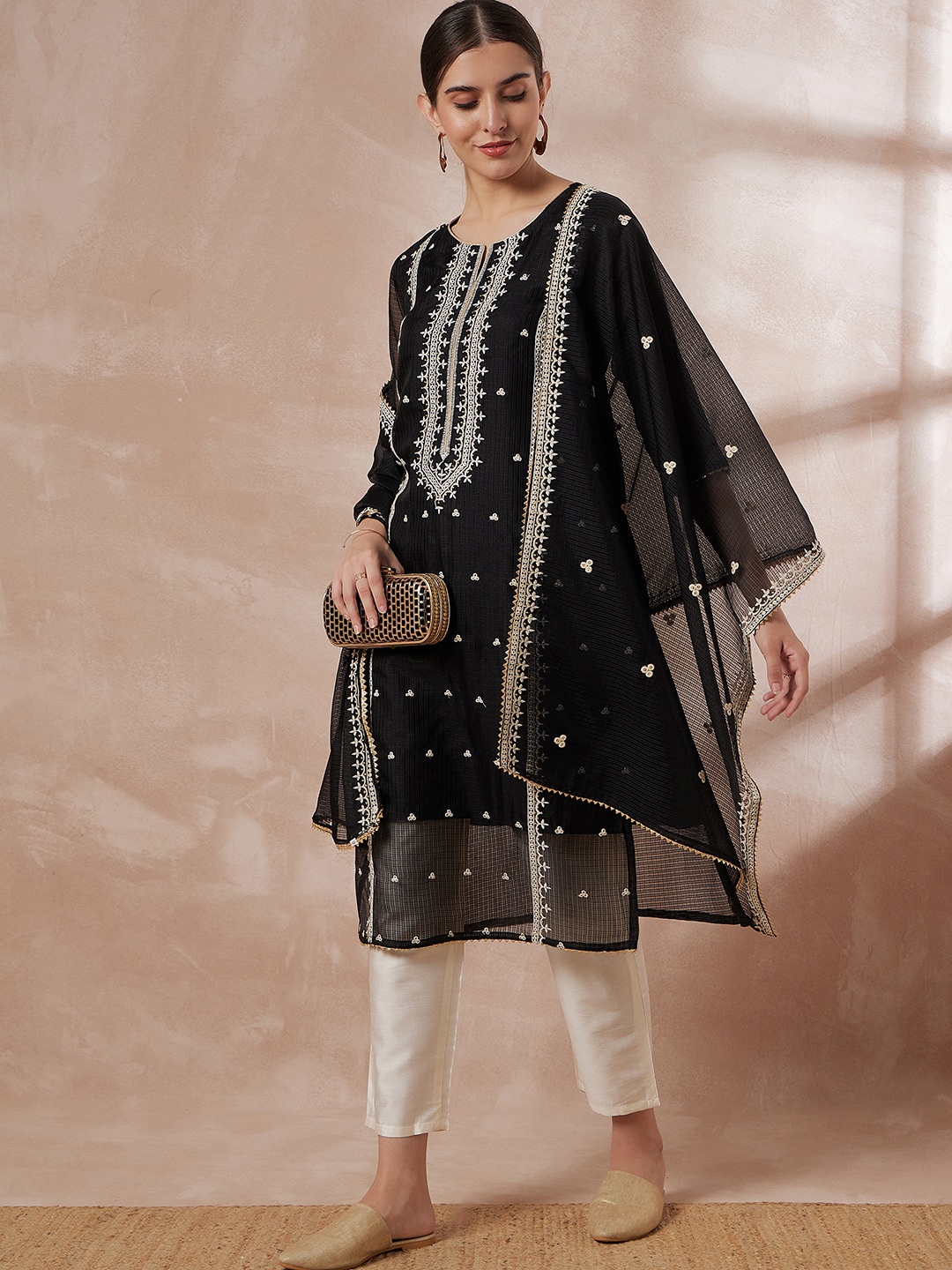 

all about you Ethnic Motifs Embroidered Kurta & Trousers With Dupatta, Black