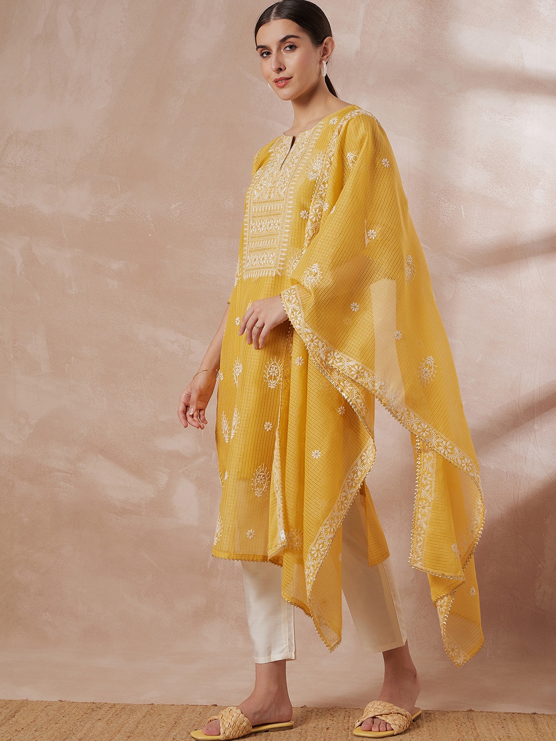 

all about you Ethnic Motifs Embroidered Kurta & Trousers With Dupatta, Yellow