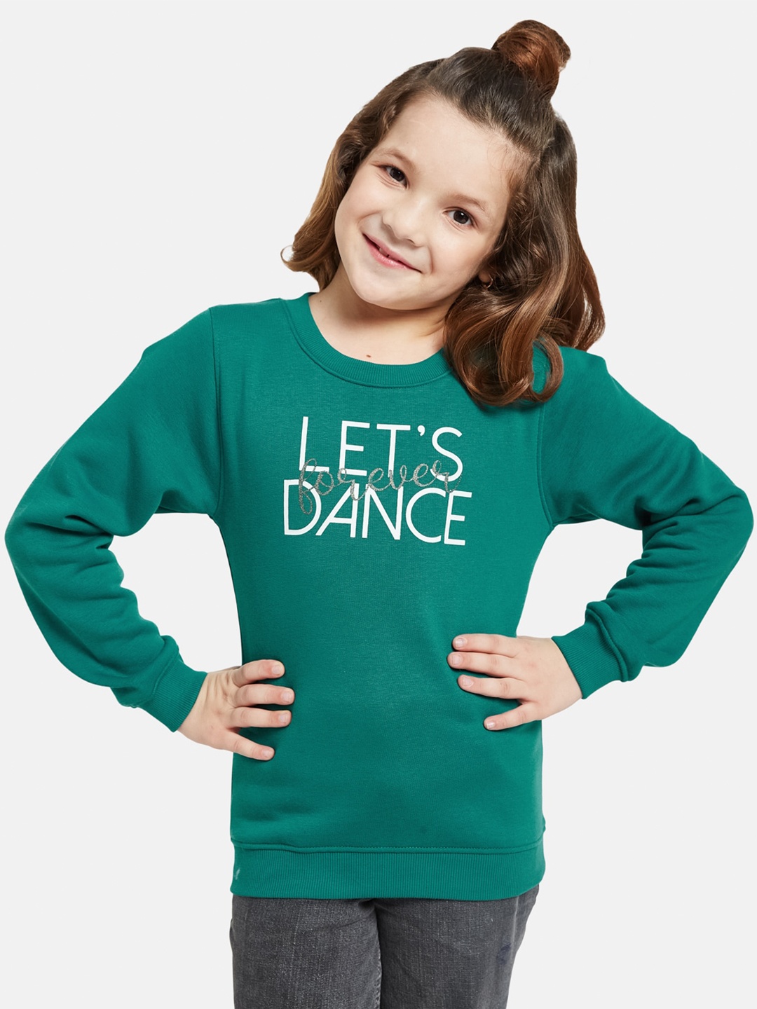 

METTLE Girls Typography Printed Long Sleeves Fleece Pullover, Green