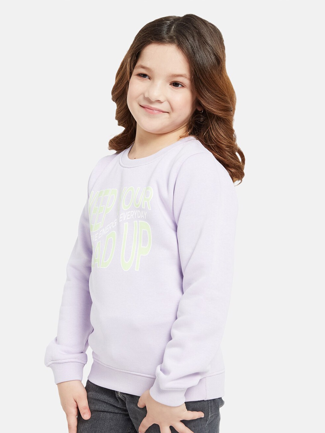 

METTLE Girls Typography Printed Fleece Pullover, Purple
