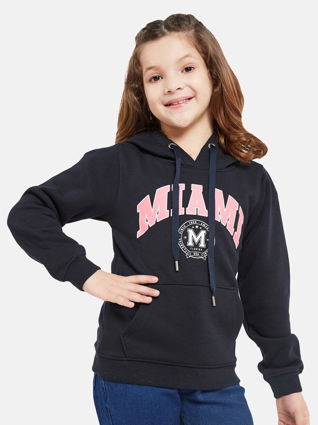 

METTLE Girls Typography Printed Hooded Fleece Sweatshirt, Navy blue
