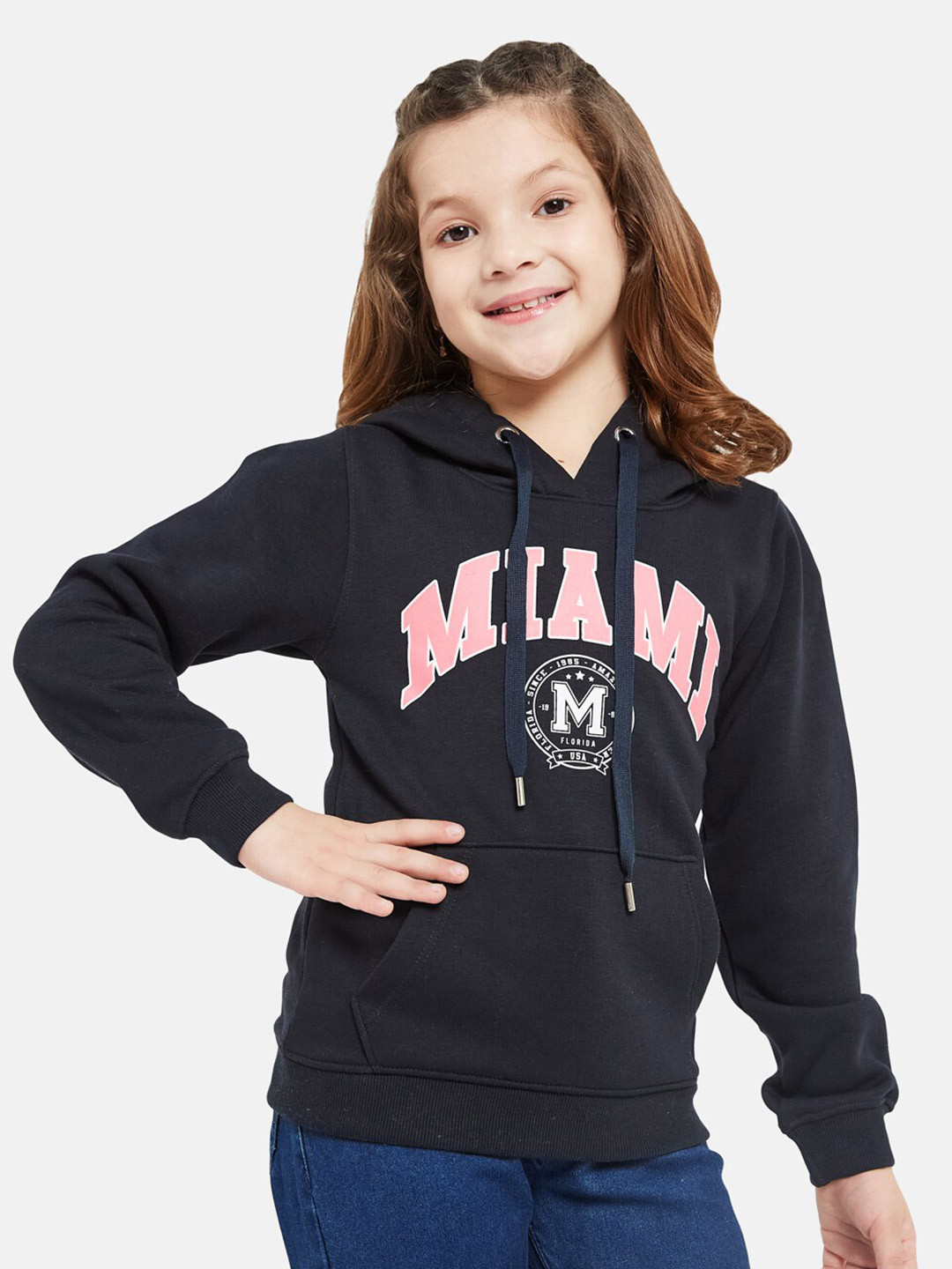 

METTLE Girls Typography Printed Hooded Fleece Pullover Sweatshirt, Navy blue