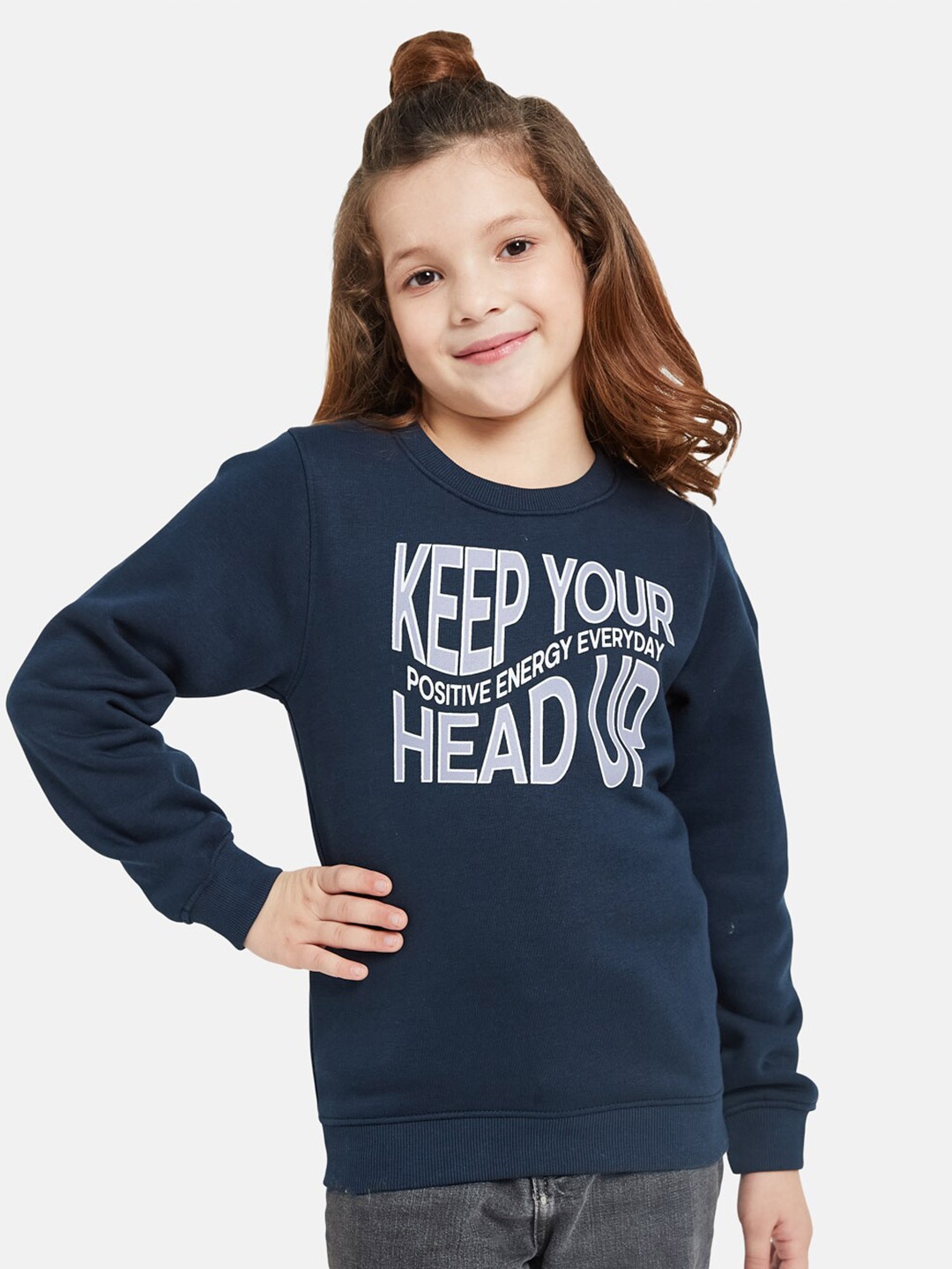 

METTLE Girls Typography Printed Fleece Pullover Sweatshirt, Navy blue