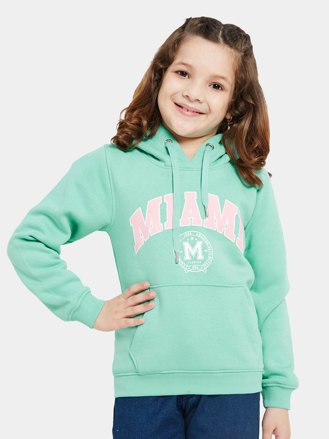 

METTLE Girls Typography Printed Hooded Fleece Pullover Sweatshirt, Green
