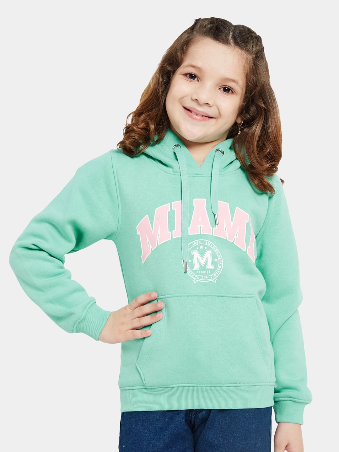 

METTLE Girls Typography Printed Hooded Long Sleeves Fleece Pullover, Green