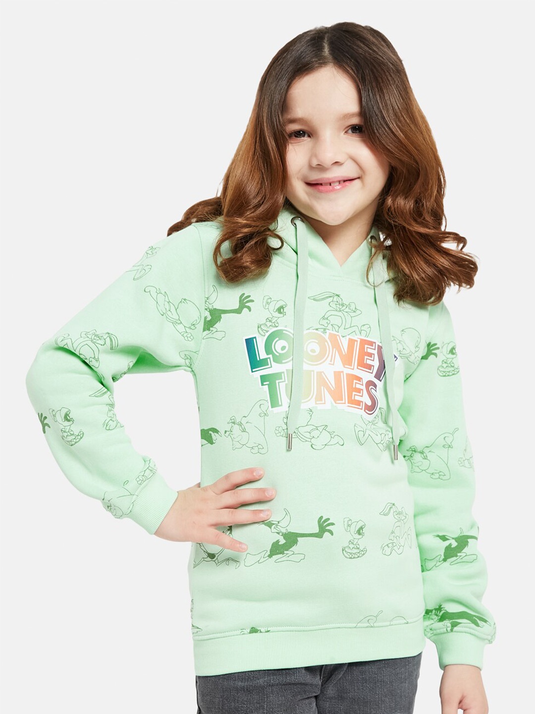

METTLE Girls Typography Printed Hooded Fleece Sweatshirt, Green