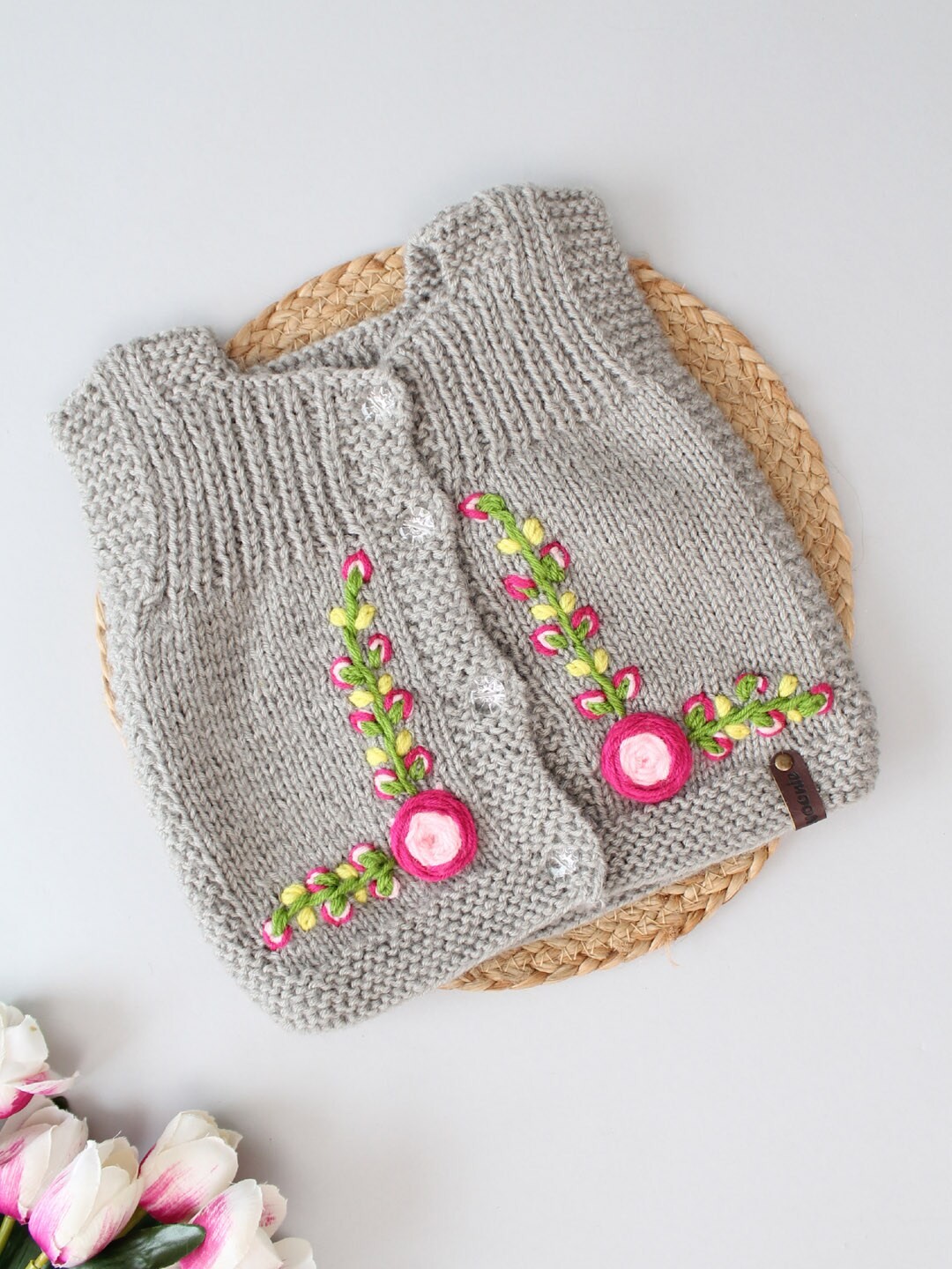 

Woonie Kids Floral Embroidered Cardigan, Grey