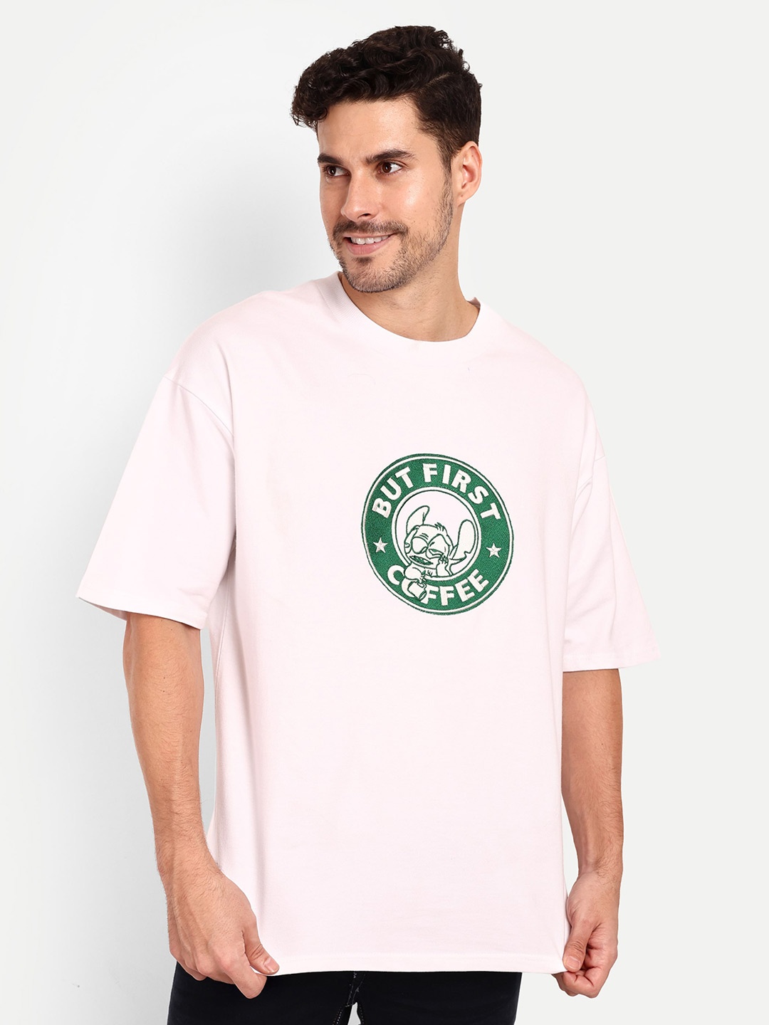 

BLURR BUT FIRST COFFEE Embroidery White Printed Pockets T-shirt