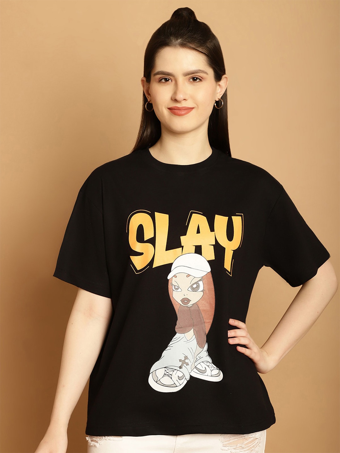 

Fabflee Oversized Graphic Printed Drop Shoulder Sleeves Cotton Casual T-shirt, Black