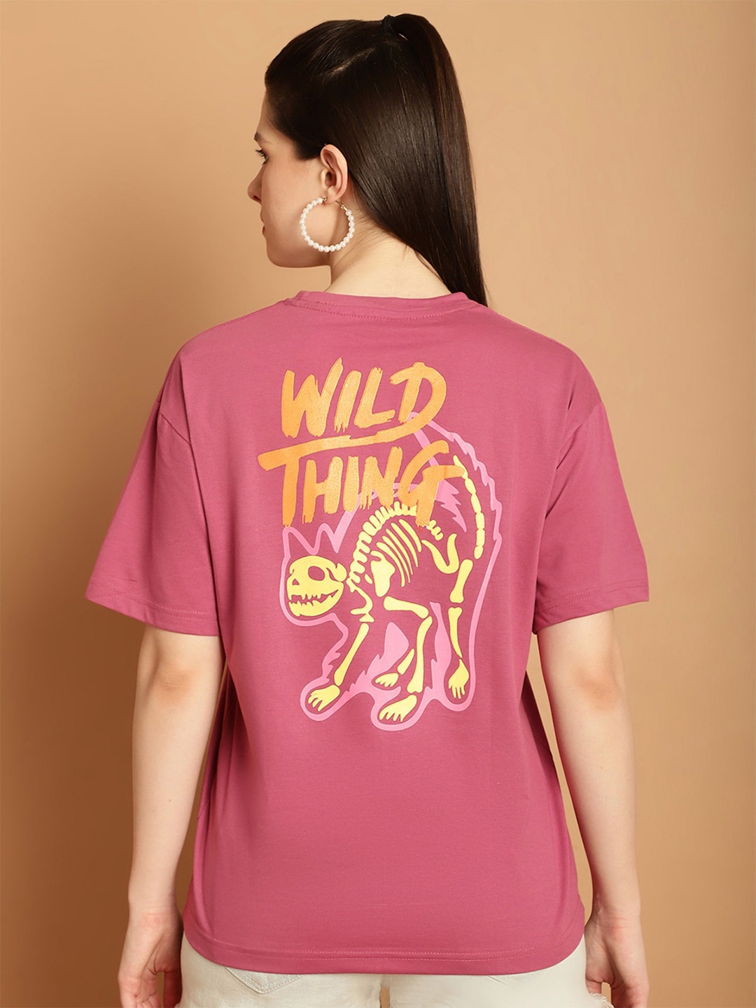 

Fabflee Oversized Graphic Printed Drop Shoulder Sleeves Cotton Casual T-shirt, Pink