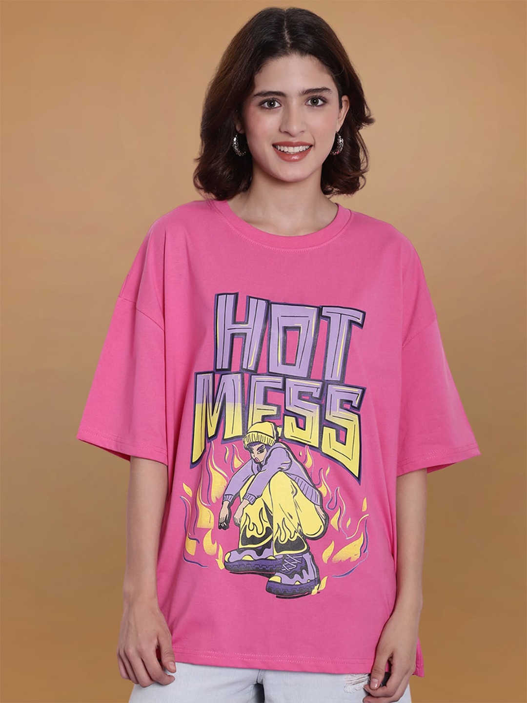 

Fabflee Typography Printed Drop-Shoulder Sleeves Oversize Casual T-shirt, Pink