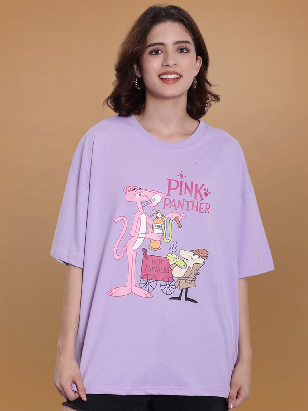 

Fabflee Oversized Graphic Pink Panther Printed Drop Shoulder Sleeves Cotton Casual T-shirt, Purple