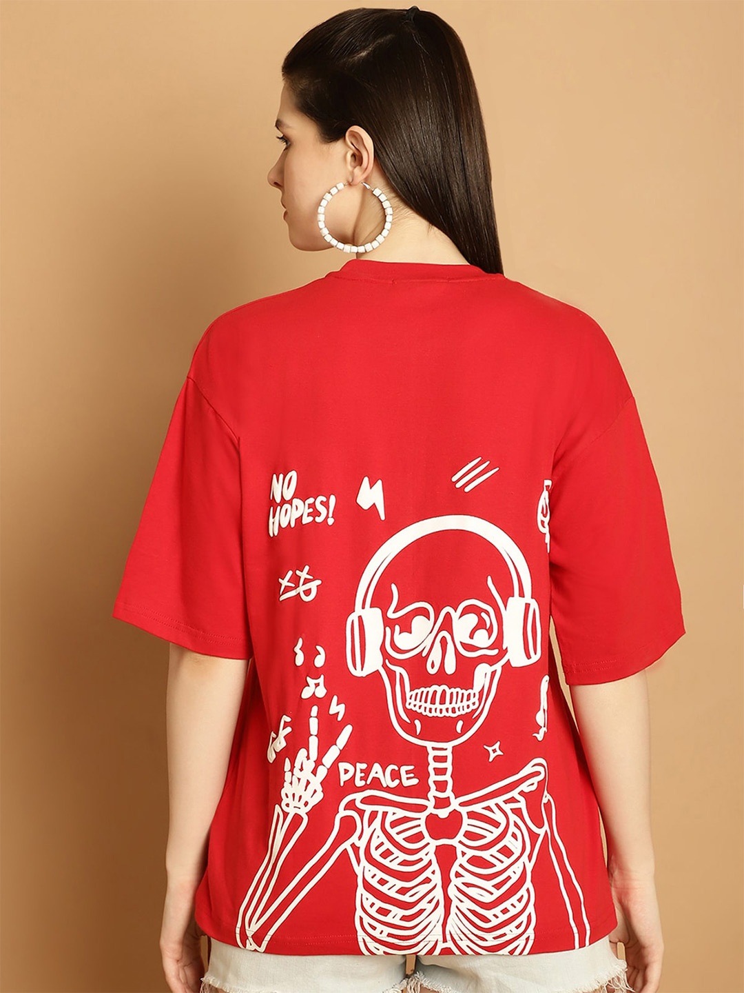 

Fabflee Oversized Typography Printed Drop Shoulder Sleeves Cotton Casual T-shirt, Red