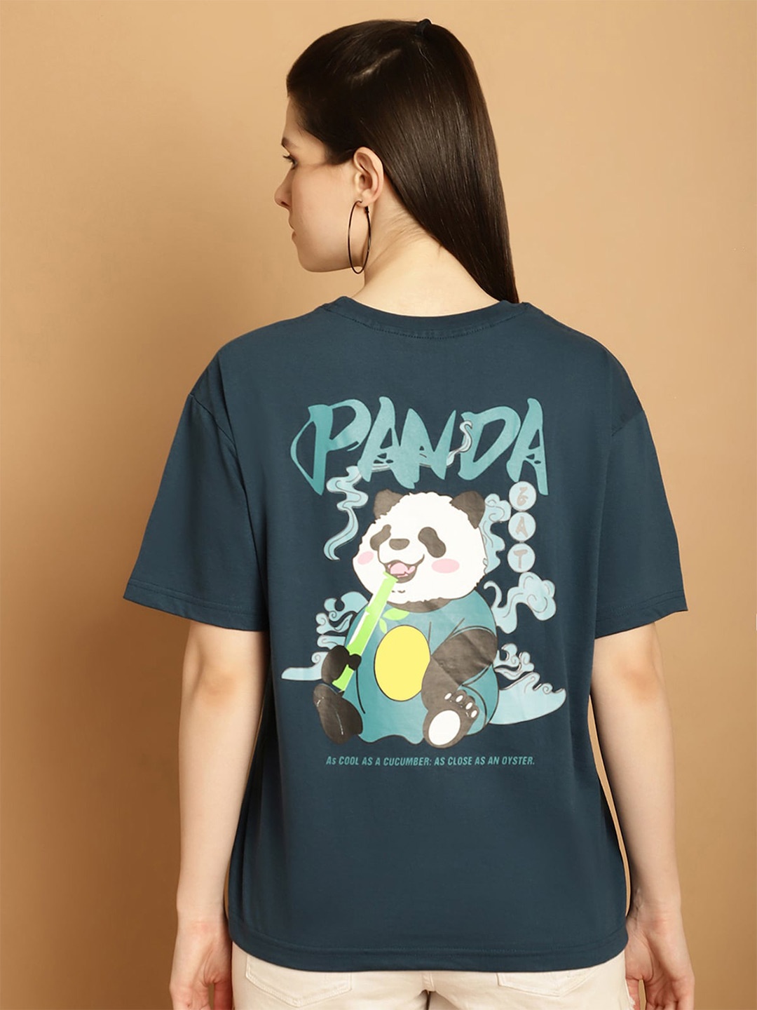 

Fabflee Panda Printed Drop-Shoulder Sleeves Oversized Casual T-shirt, Green