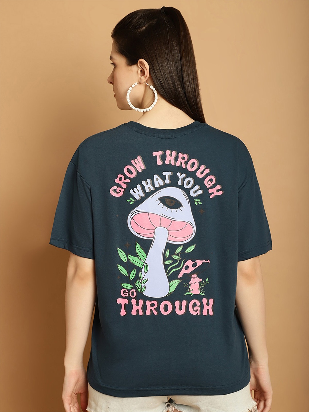 

Fabflee Typography Printed Drop Shoulder Sleeves Cotton Casual T-shirt, Green
